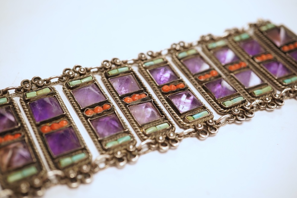 Matl Salas, a rare amethyst, coral and turquoise bracelet, Mexico, mid 20th century, composed of rectangular links set with pyramidal amethysts, coral cabochons and cylindrical turquoise beads, connected at each end by w